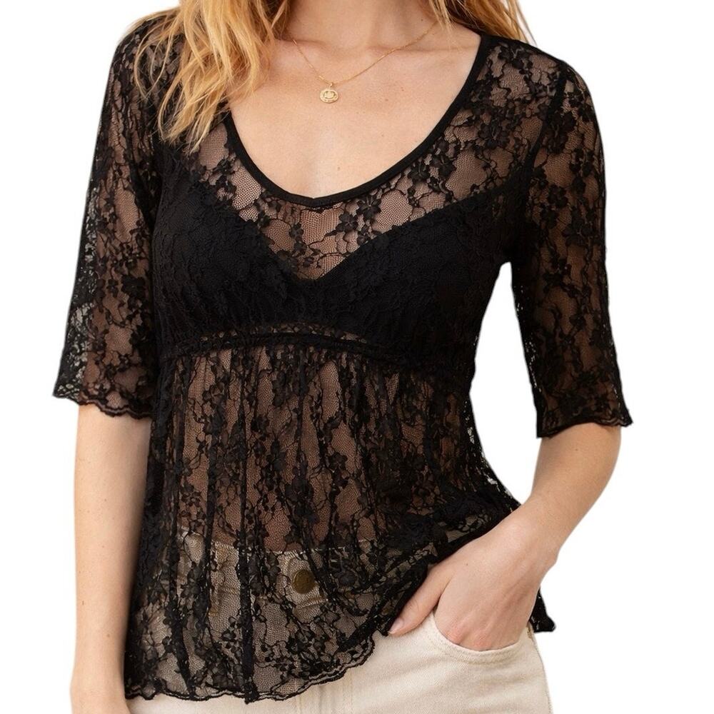 Black Sheer Lace Top Small Babydoll Goth Fairy Grunge Y2K Short Sleeve Blouse